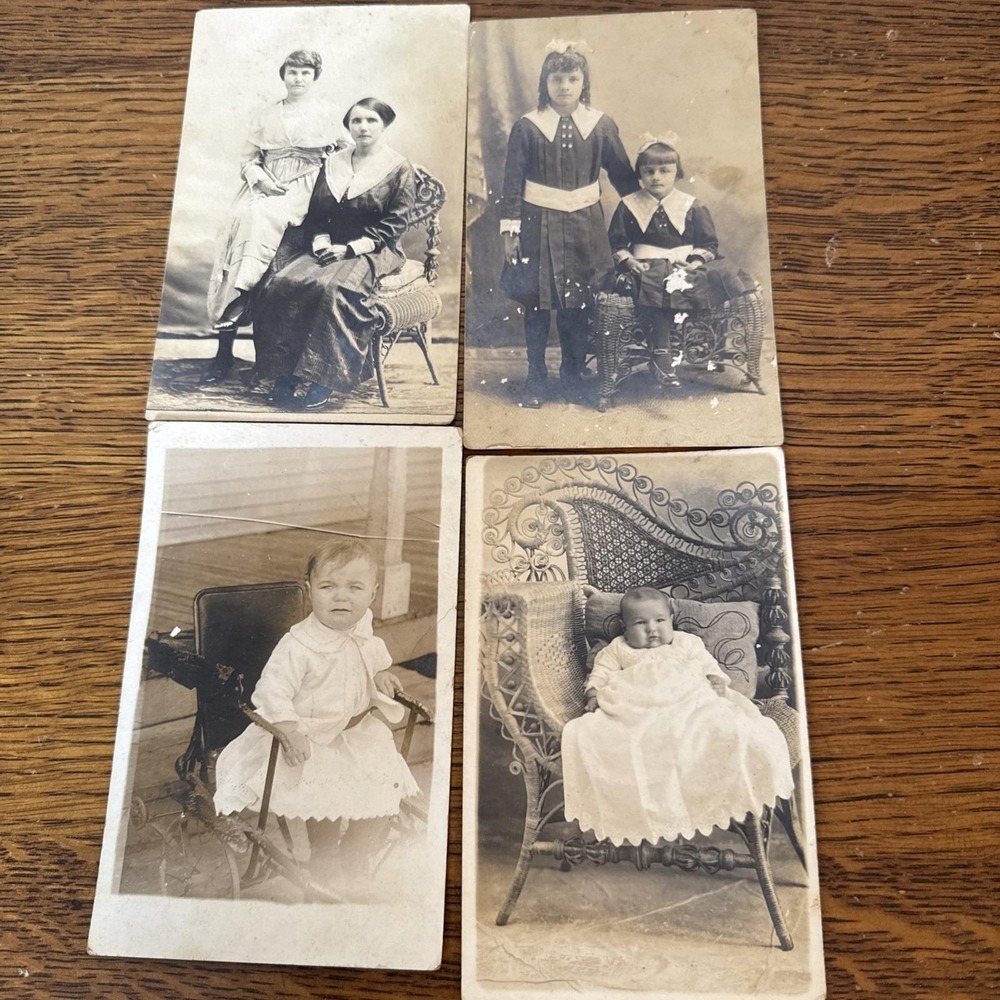 Antique RPPC Lot of 4 Edwardian Kids & Women in Wicker Chairs Real Photo